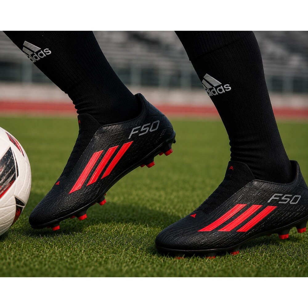 Adidas F50 Soccer Cleats Shoes Mens 9 Black Red Laceless Speedframe FG Logo
